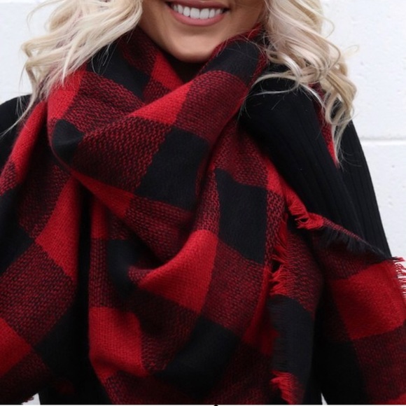Red Buffalo Plaid Checkered Blanket Scarf - Picture 3 of 3